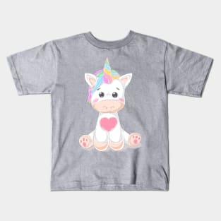 Cute Little Unicorn With Heart, Line Drawing White, Pink, Purple, Green & Yellow Kids T-Shirt